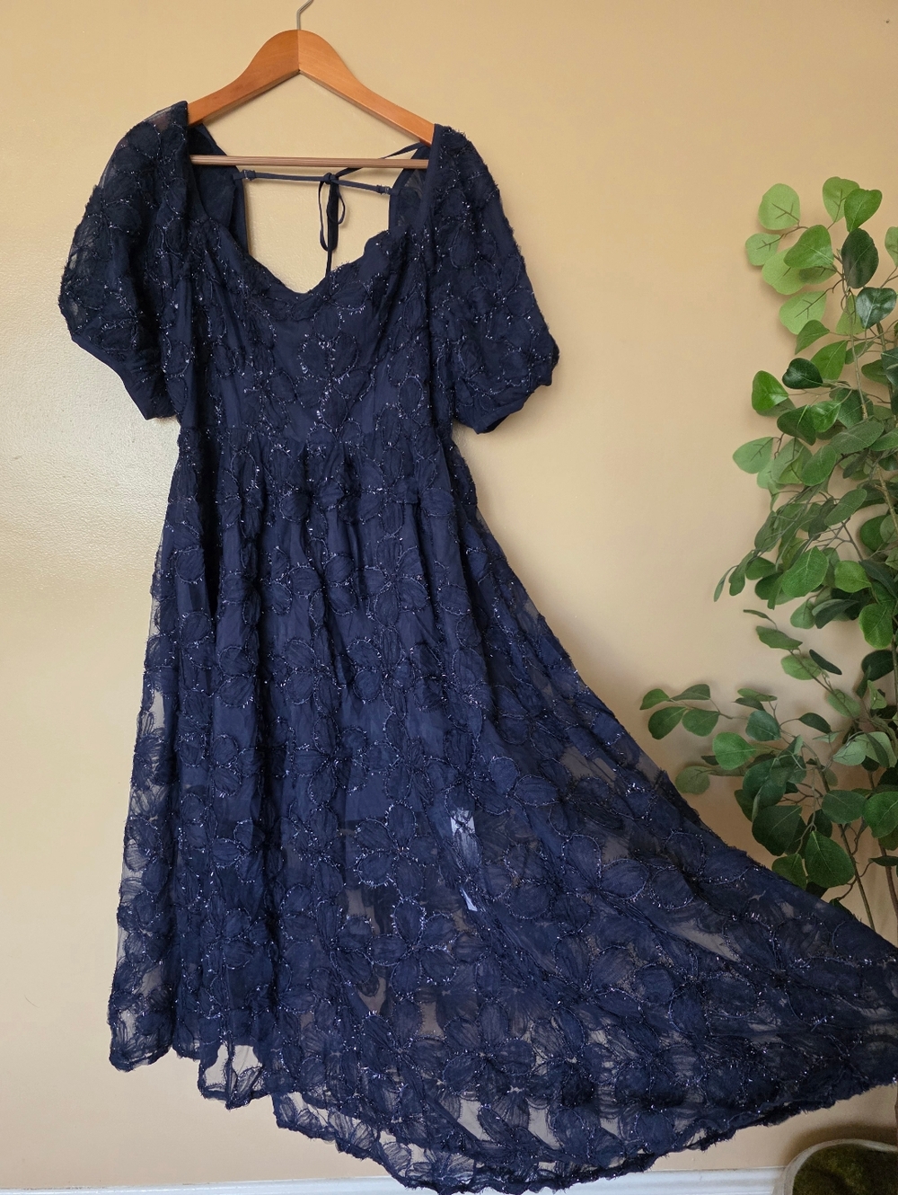 EYWOL Navy Floral Mesh ALine Dress 3X Sweetheart Neck Smocked Back Wedding Guest